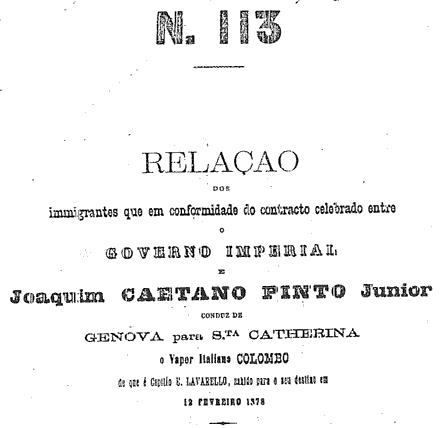 FAX DA CAPA DA LISTA DE BORDO DO VAPOR COLOMBO NA VIAGEM DE FEVEREIRO DE 1878